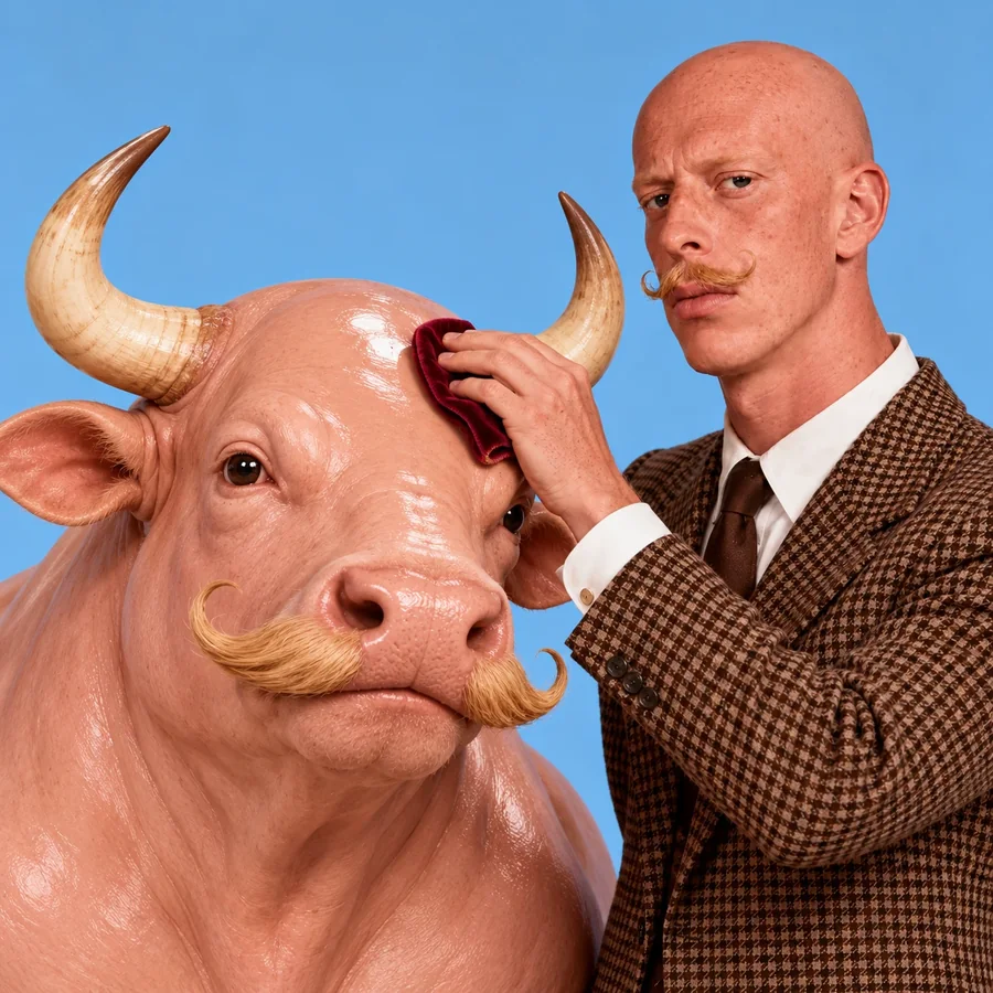 Him polishing the pink bull's forehead with a velvet cloth