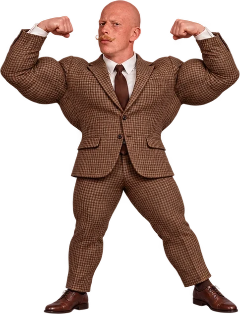 Him flexing enormous arms inside the tweed suit